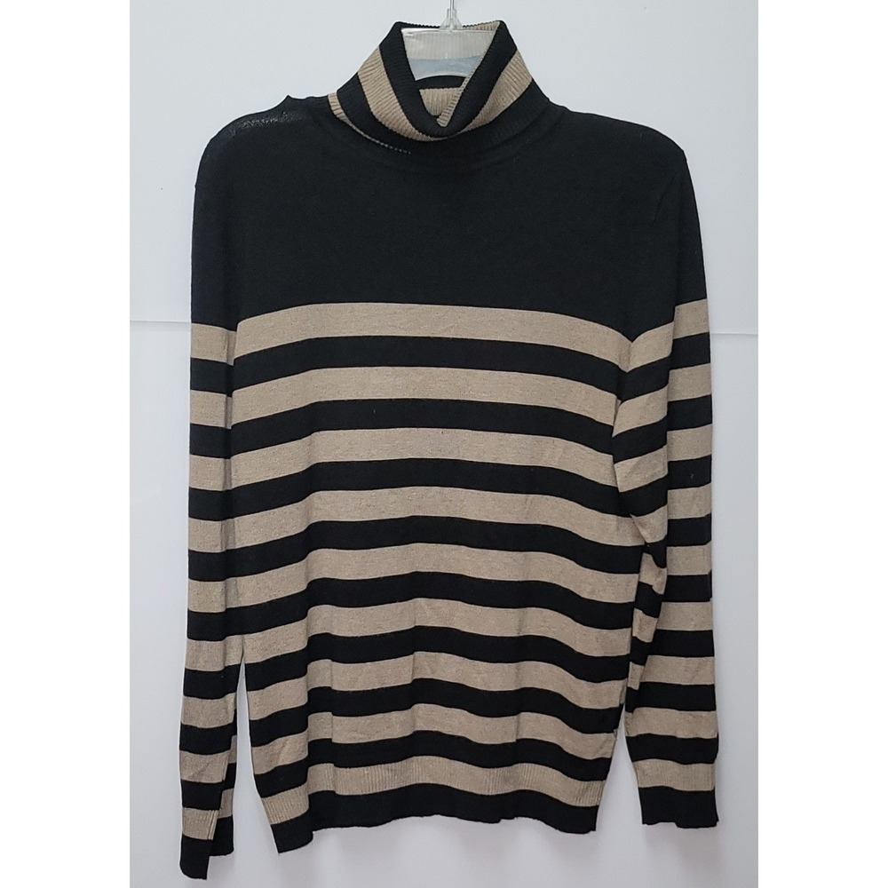 JOSEPHA Black Tan Striped Turtleneck Sweater Knit Womens XL Preppy Parisian Chic